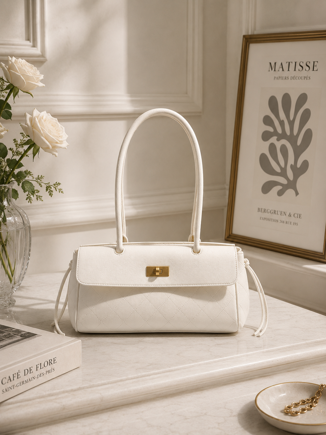 Quiet Luxury Bags Crossbody - East-West Shoulder Bag Women White Quilted